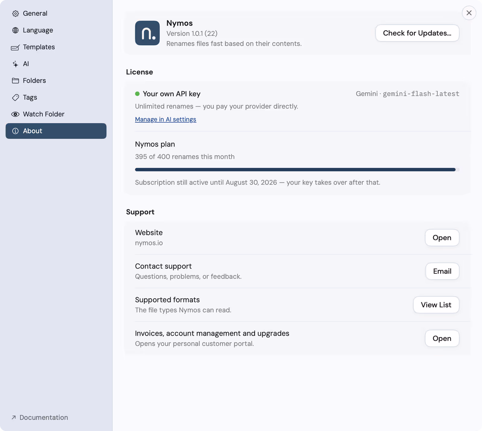 The About tab showing an active own API key on Gemini, alongside a nymos plan still running until its period ends
