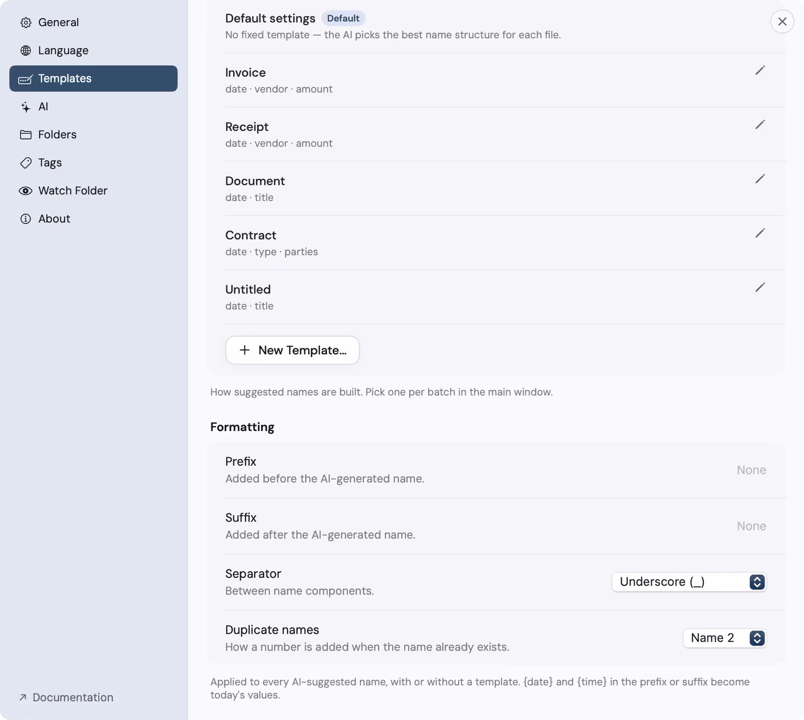 The Templates tab in nymos Settings listing the default setting and the built-in templates with their field patterns
