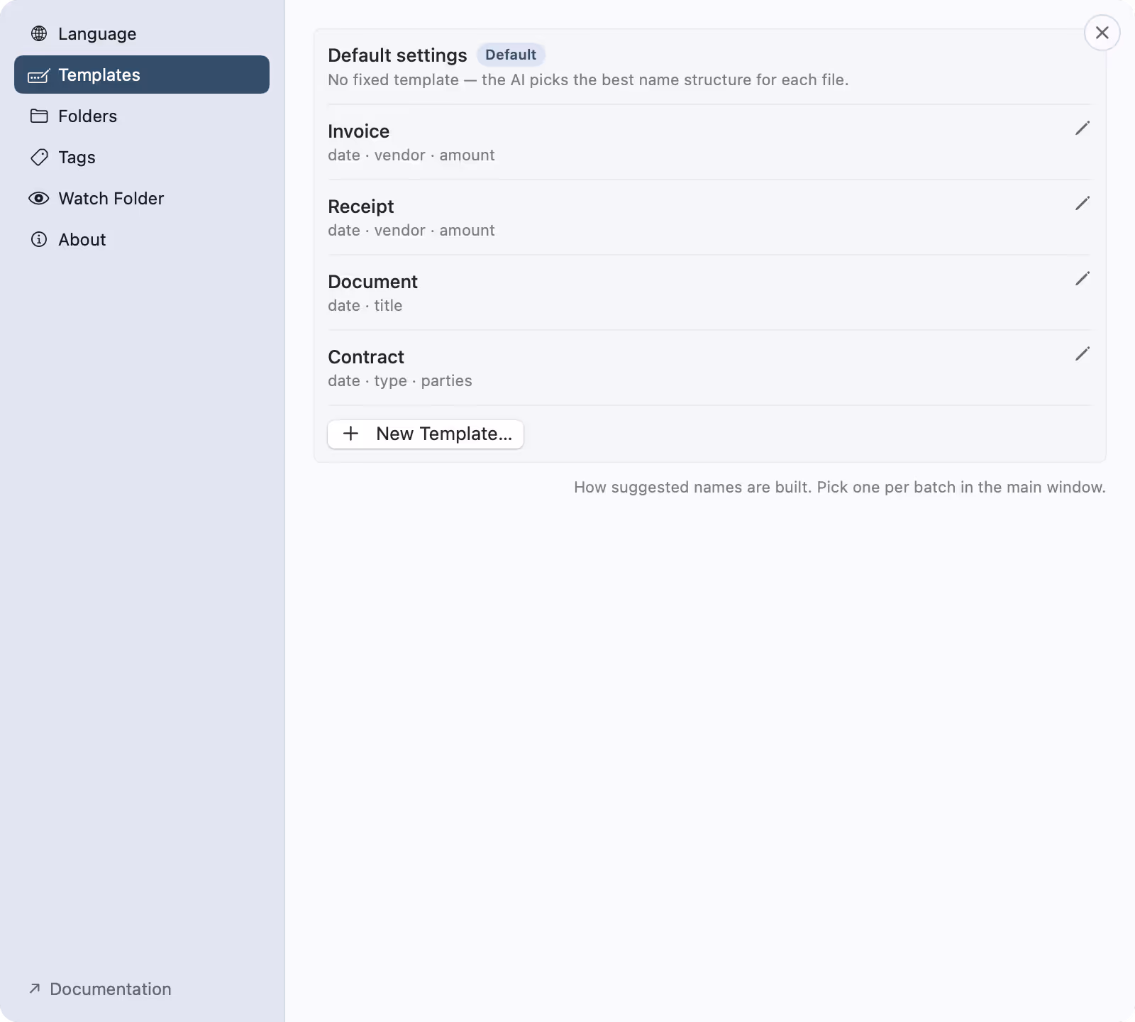 The Templates tab in nymos Settings listing the built-in templates with their field patterns
