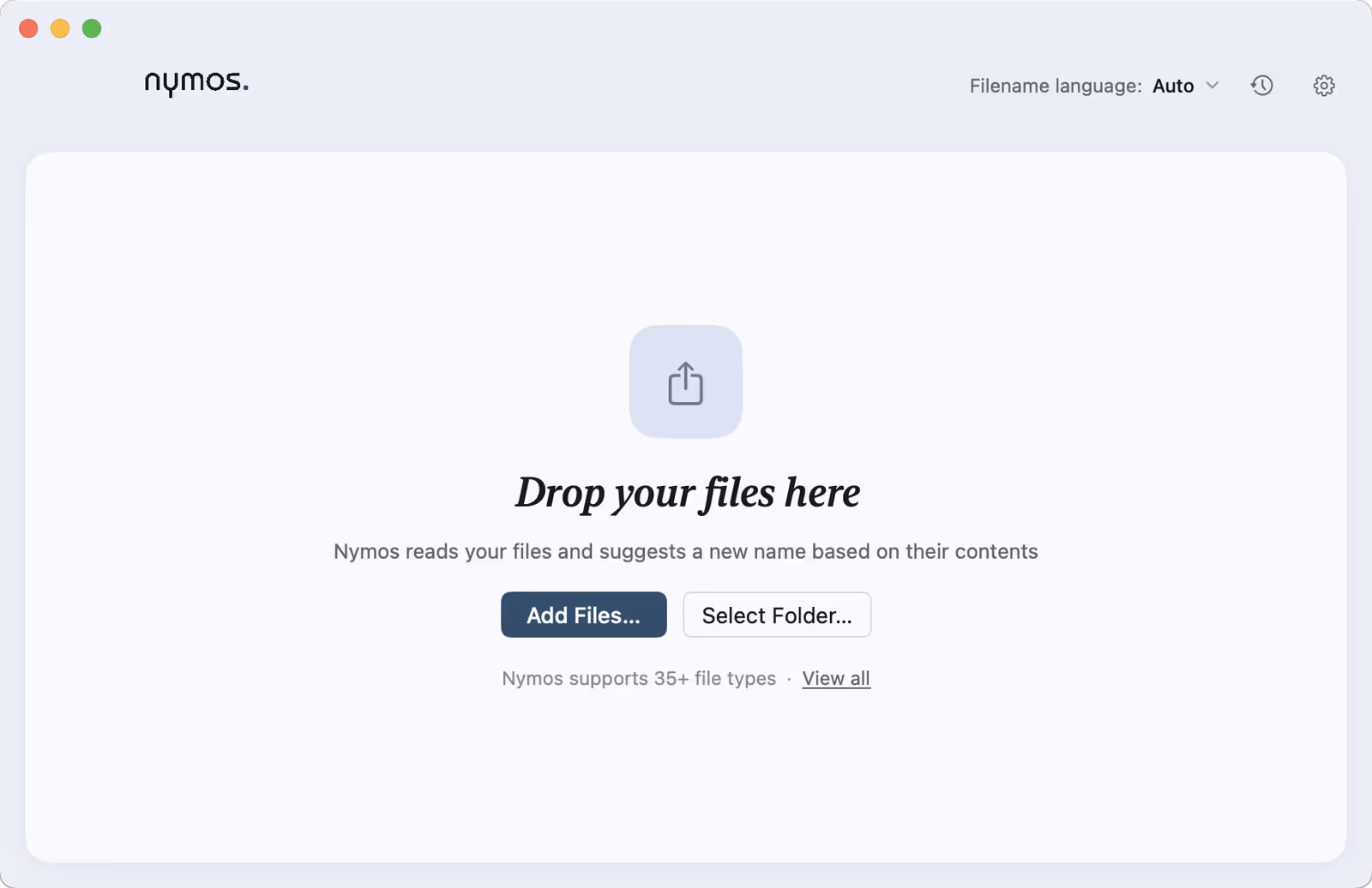 The nymos main window empty state: a drop area reading 'Drop your files here' with Add Files and Select Folder buttons