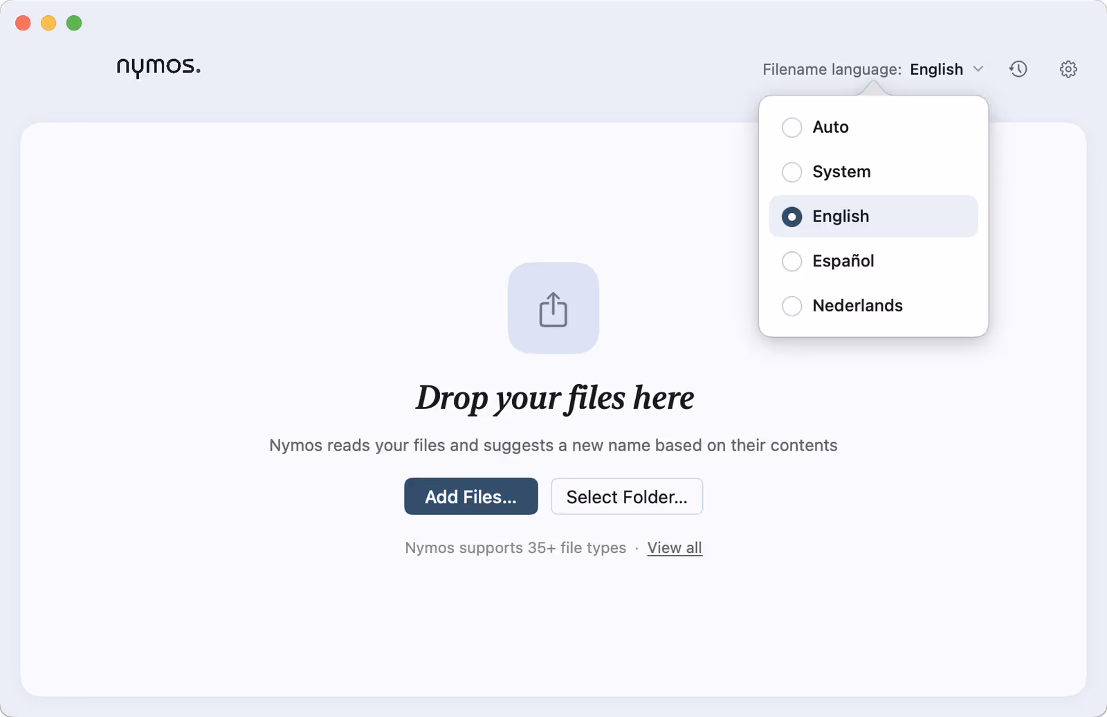 The Filename language dropdown open in the nymos main window, showing Auto, System, English, Español and Nederlands