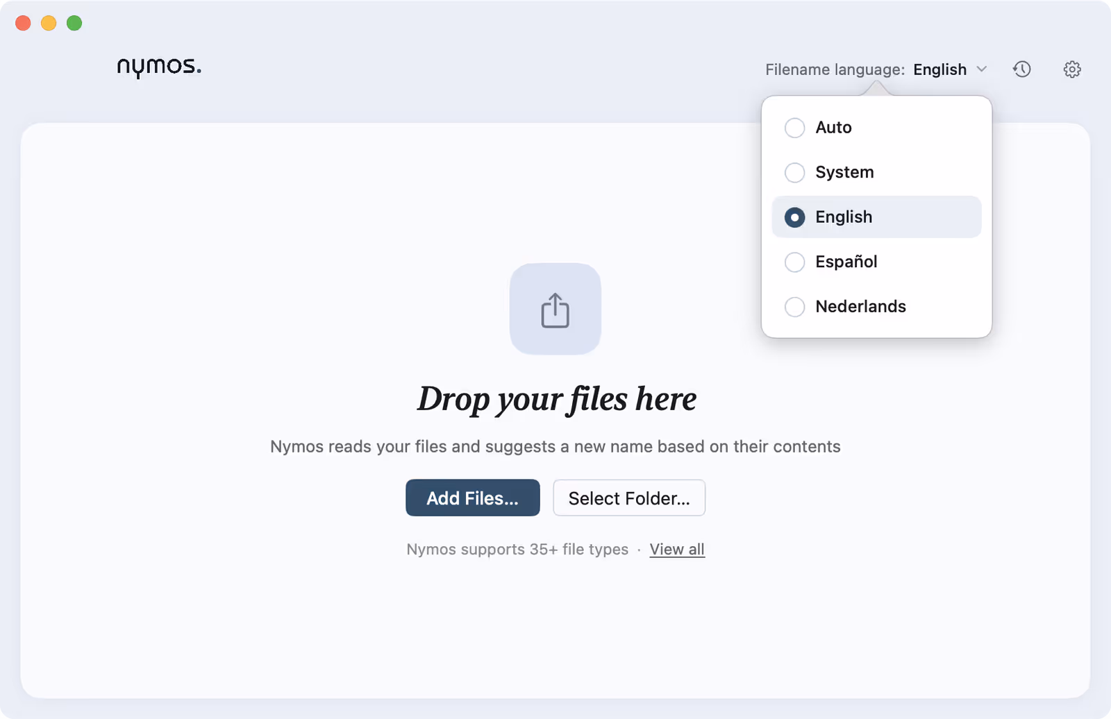 The Filename language dropdown open in the nymos main window, showing Auto, System, English, Español and Nederlands