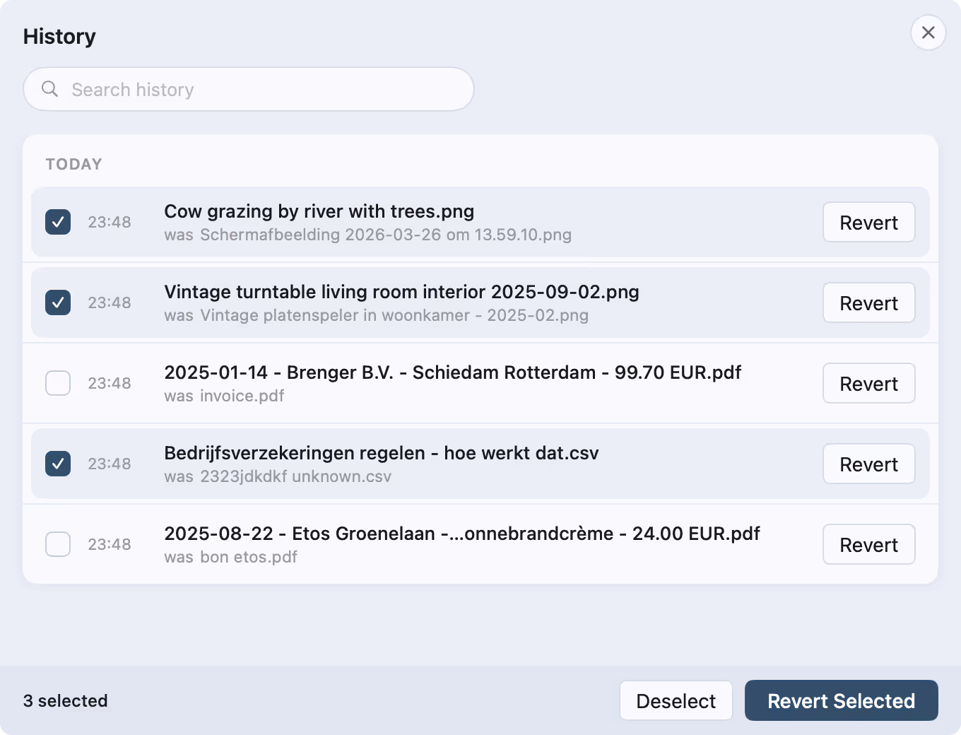 The rename history sheet with day groups, search, and per-row revert buttons