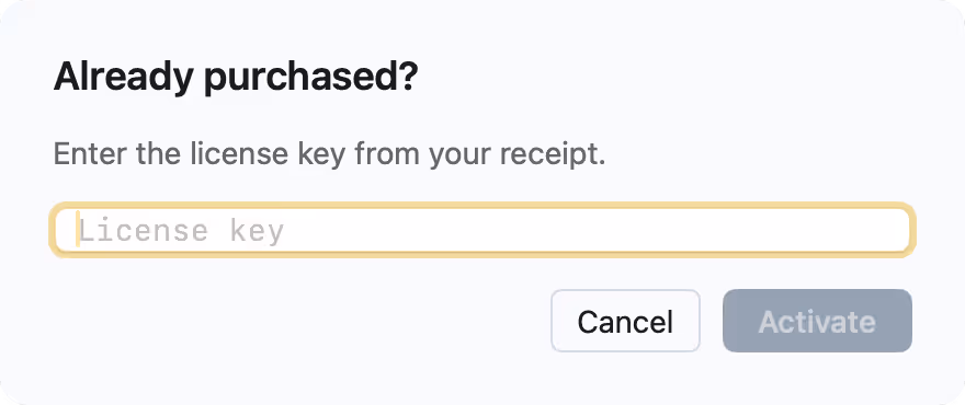 The nymos About tab showing the free-trial status with renames used and days left, an Unlock full access button, and a dialog to activate an existing license key
