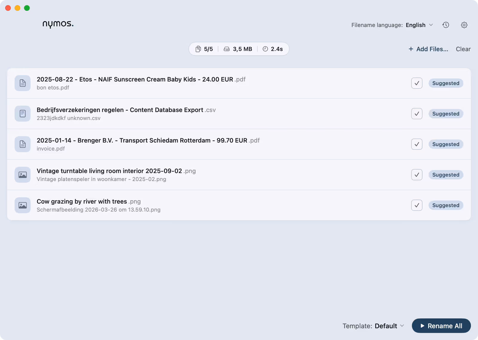 The nymos main window with files, suggestions, and the rename controls