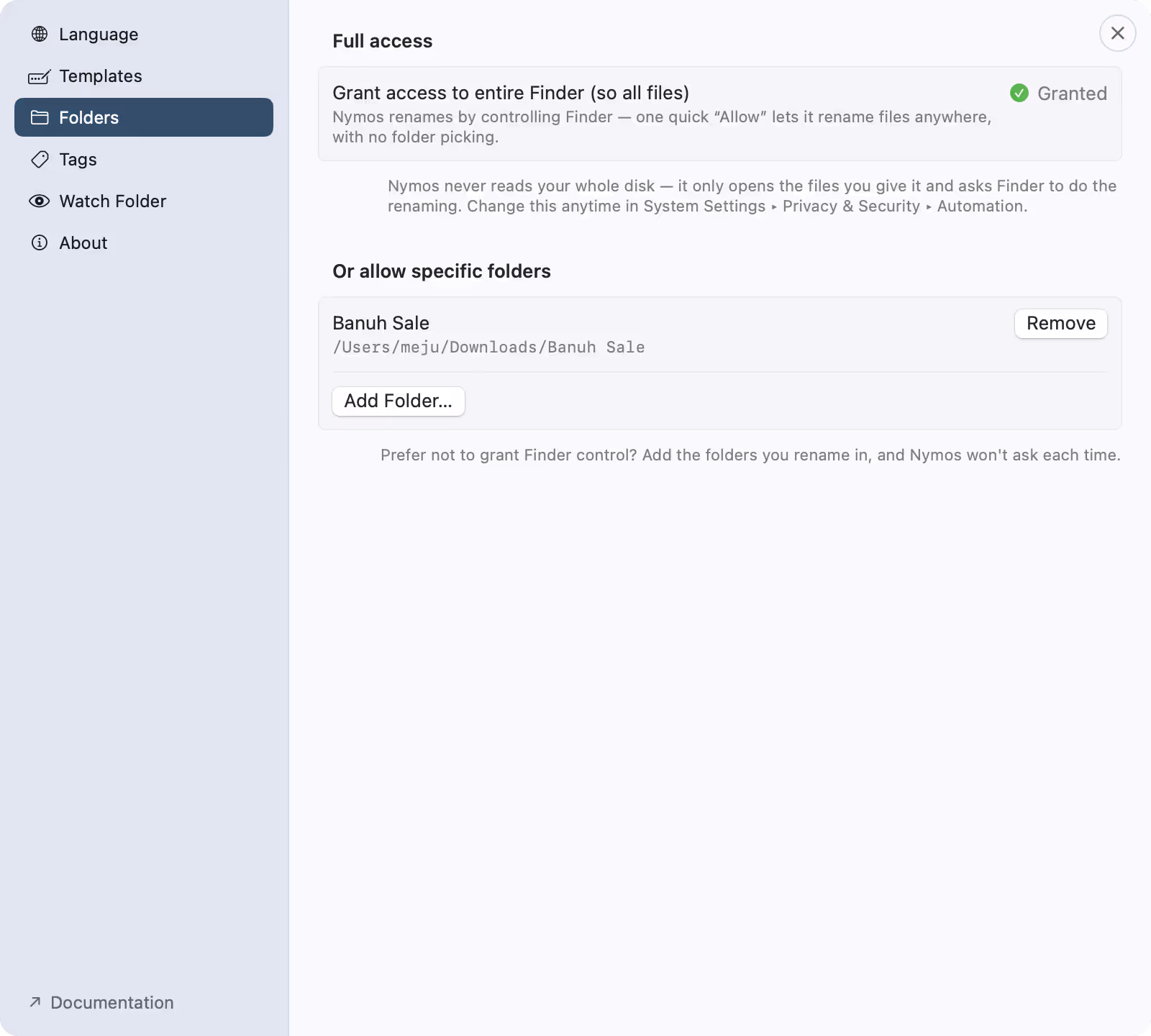The nymos full-access permissions dialog explaining the folder access it needs