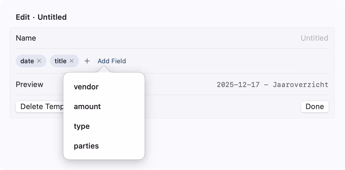 The template editor with field chips, drag handles and a live filename preview