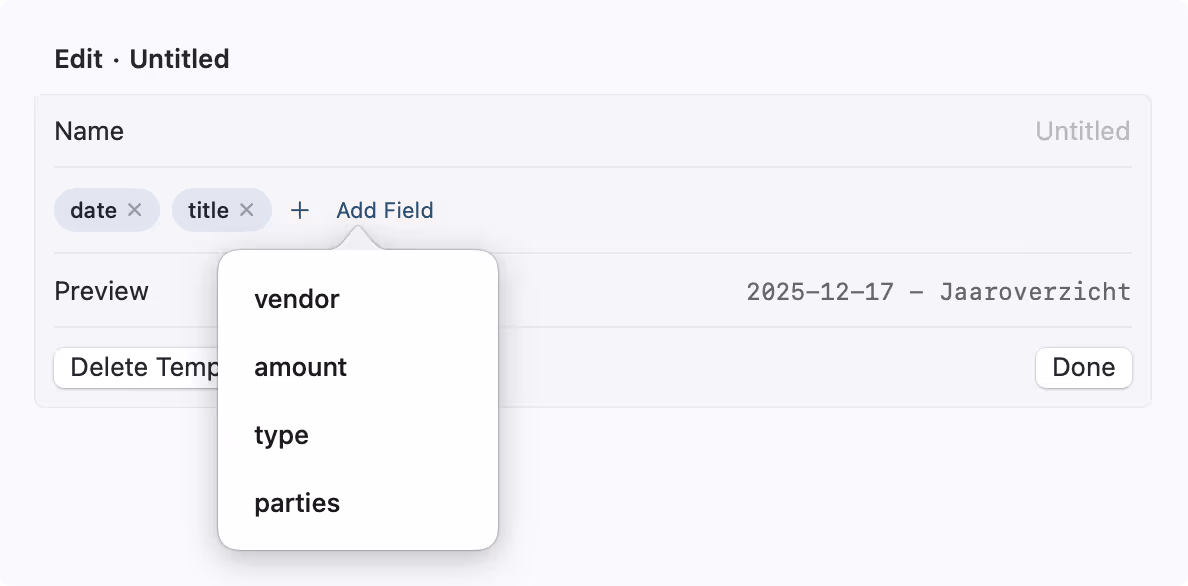 The template editor with field chips, drag handles and a live filename preview