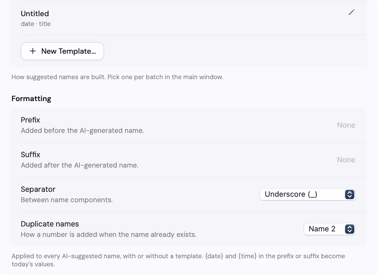 The Formatting section of the Templates tab, with prefix, suffix, separator and duplicate-name settings