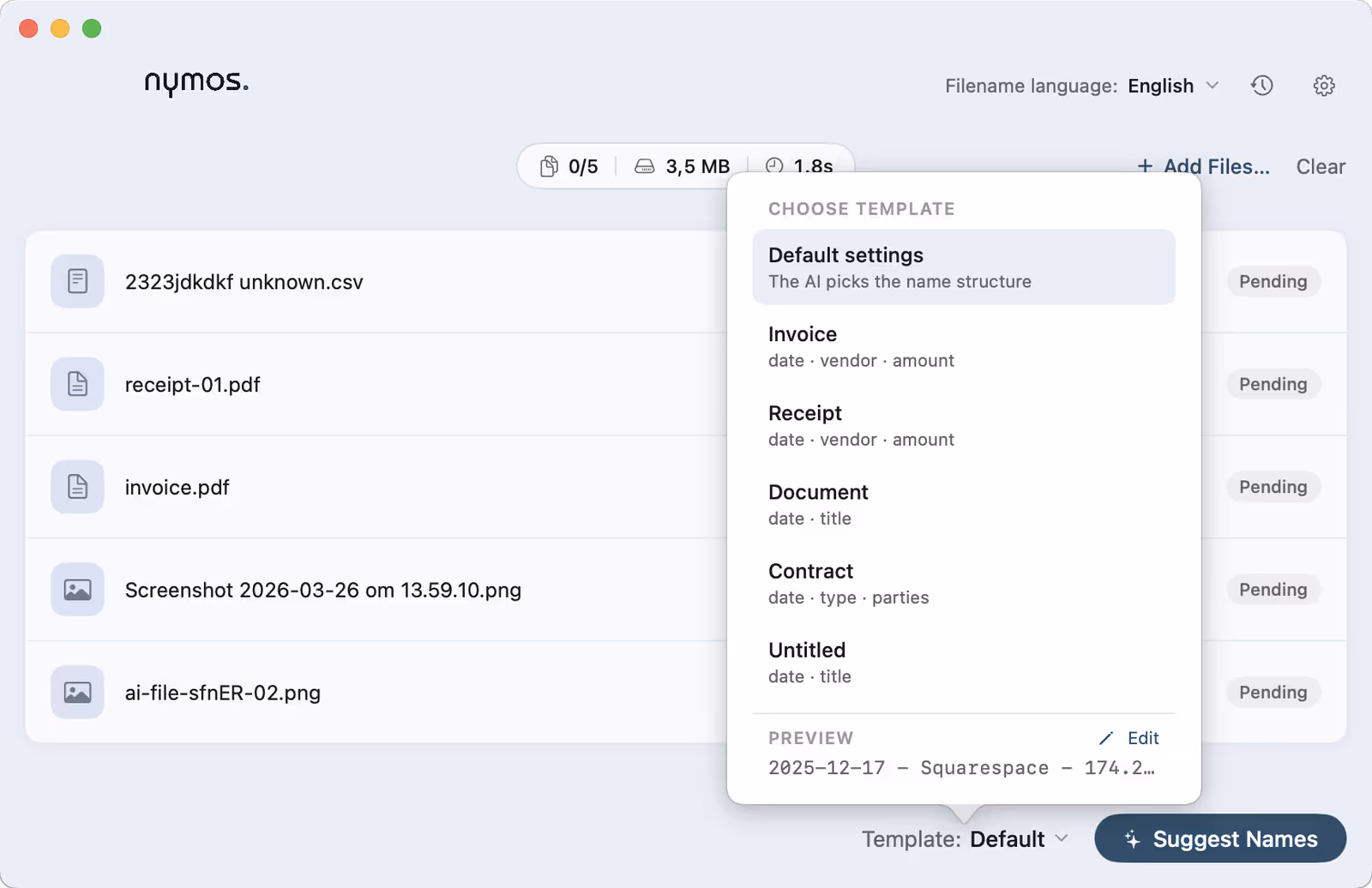 The template picker open in the nymos main window, listing the available templates
