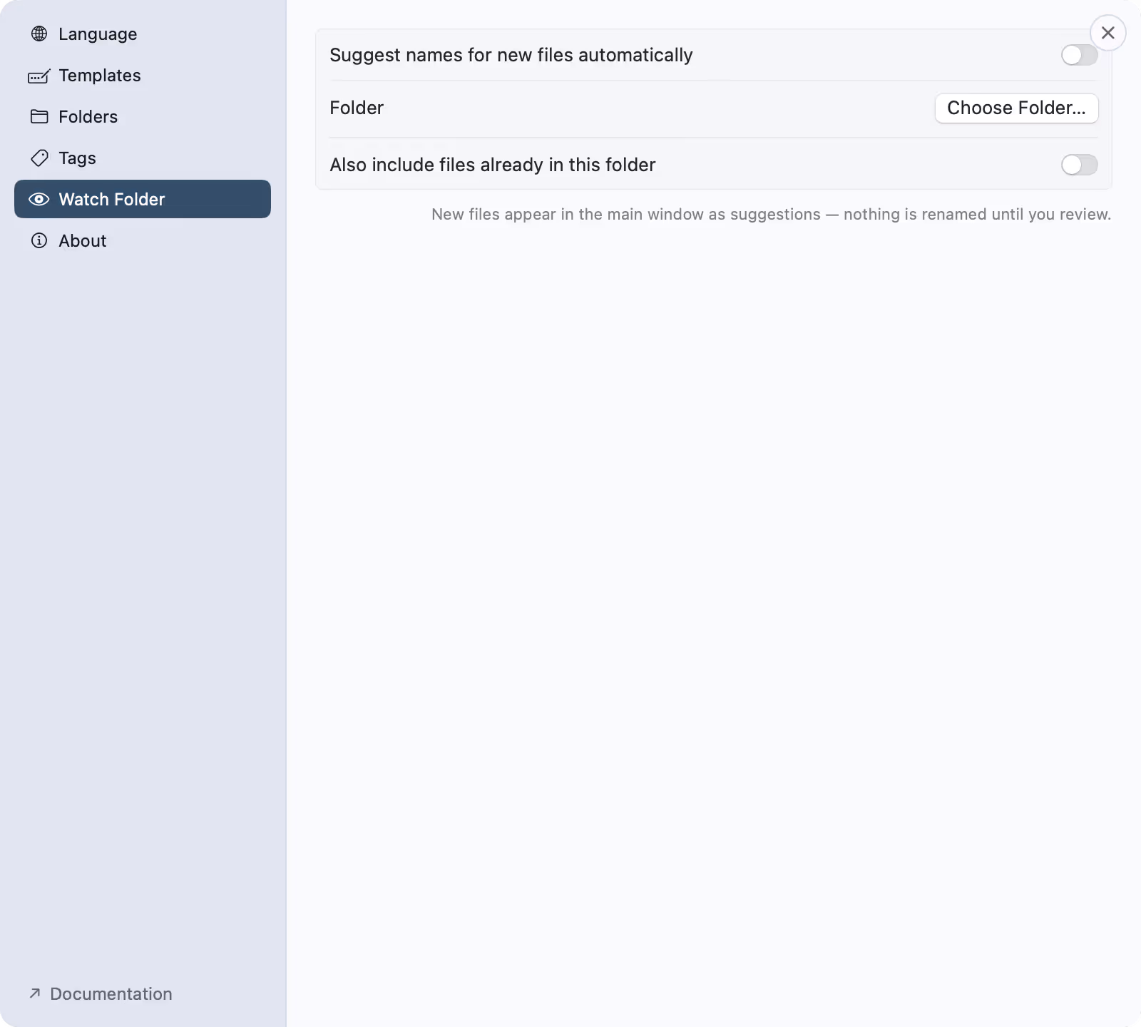 The Watch Folder tab in nymos Settings, with the automatic-suggestions toggle, the chosen folder and a Choose Folder button, and the include-existing-files toggle