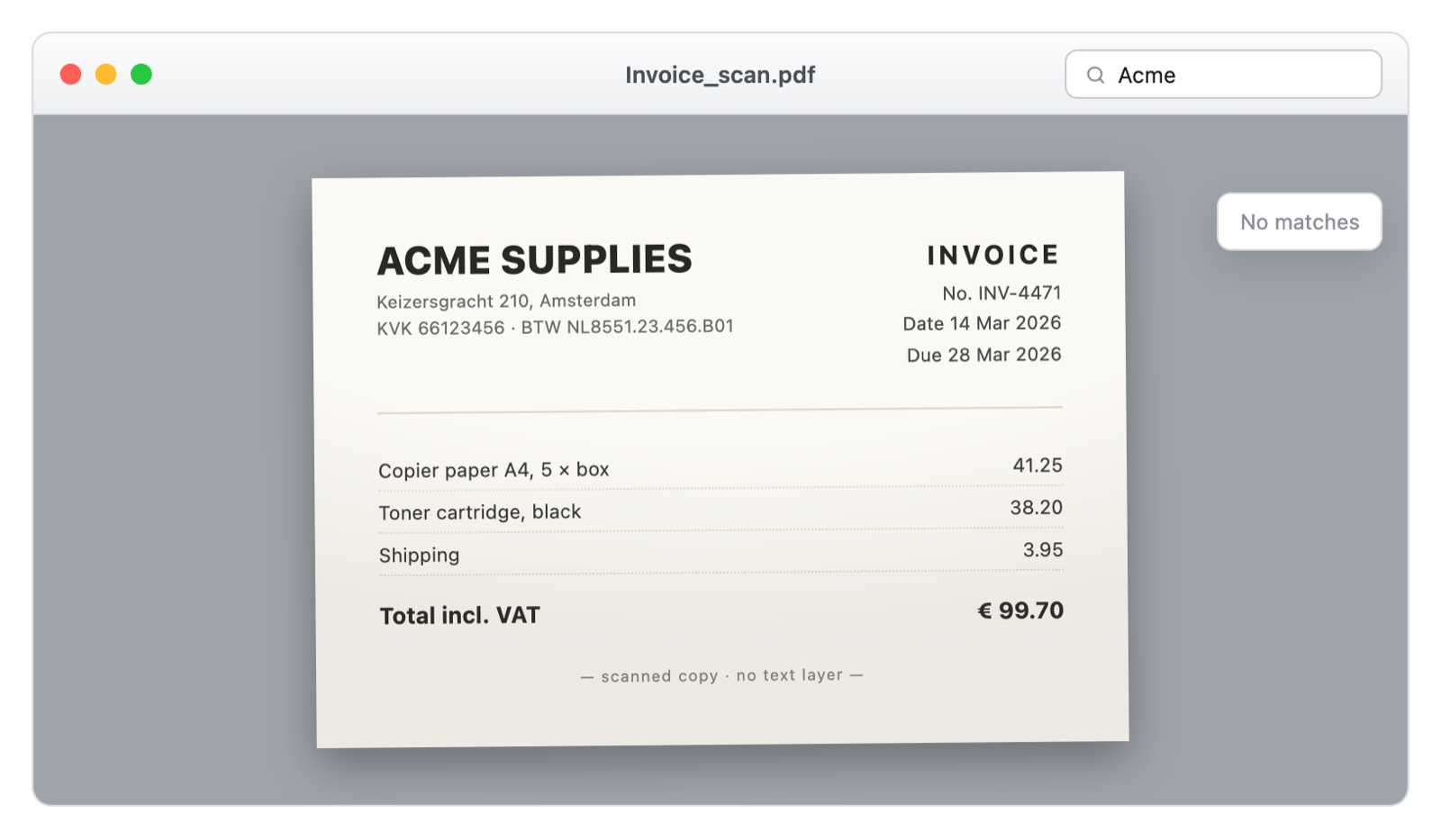 macOS Preview showing a scanned invoice: Cmd+F for a word that is plainly visible on the page returns no matches, because the page is an image with no text layer.